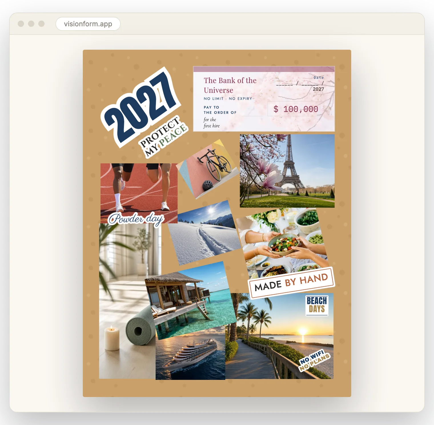 A finished 2027 vision board in Visionform: photos, word stickers and a
             hand-lettered 2027 arranged on a cork background.